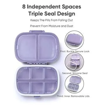 Holii Travel Pill Organizer, 8 Compartments Portable Pill Case, Daily Pill Box to Hold Vitamins, Small Pill Container for Pocket Purse Medicine Organizer（Purple）