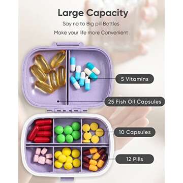 Holii Travel Pill Organizer, 8 Compartments Portable Pill Case, Daily Pill Box to Hold Vitamins, Small Pill Container for Pocket Purse Medicine Organizer（Purple）