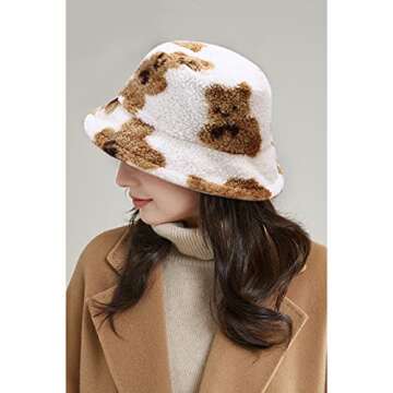 XYIYI Bear White Furry Bucket Hat Fluffy Winter Warm Fisherman Cap Gifts for Women Teen Girls