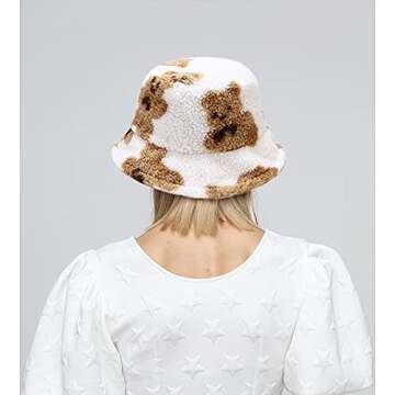 XYIYI Bear White Furry Bucket Hat Fluffy Winter Warm Fisherman Cap Gifts for Women Teen Girls