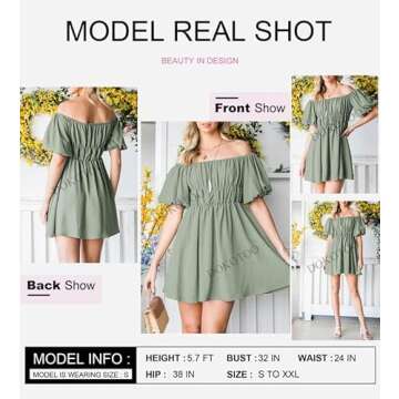 Dokotoo Off Shoulder Summer Dress for Women Short Lantern Sleeve Ruffle A-Line Grey Mini Dress