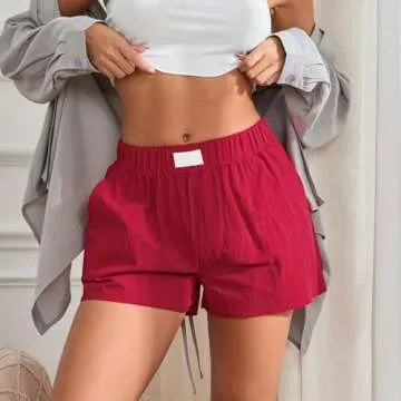 Boxer Shorts for Women Y2K Elastic Waist Solid Color Lounge Pajama Shorts Loose Wide Leg Pj Bottoms with Pockets (Red, S)