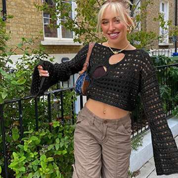 Women Hollow Out Crochet Knit Crop Tops Color Block Long Sleeve Square Neck Fall Sweaters Tops E-Black