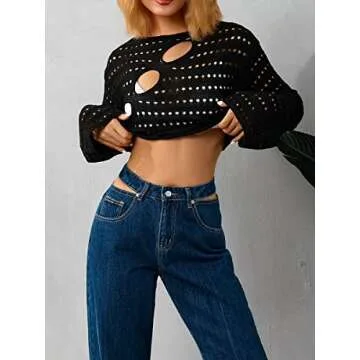 Women Hollow Out Crochet Knit Crop Tops Color Block Long Sleeve Square Neck Fall Sweaters Tops E-Black