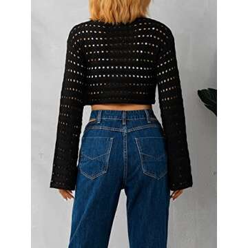 Women Hollow Out Crochet Knit Crop Tops Color Block Long Sleeve Square Neck Fall Sweaters Tops E-Black