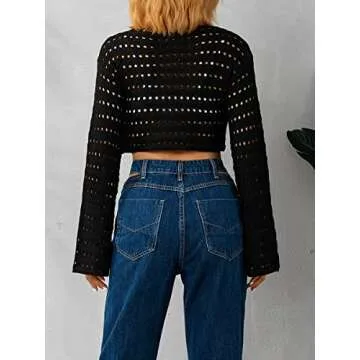 Women Hollow Out Crochet Knit Crop Tops Color Block Long Sleeve Square Neck Fall Sweaters Tops E-Black