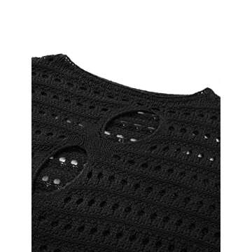 Women Hollow Out Crochet Knit Crop Tops Color Block Long Sleeve Square Neck Fall Sweaters Tops E-Black
