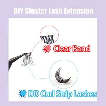 Veleasha DIY Eyelash Extension Individual Lashes with Clear Band D Curl Lash Extension Strip 39 Clusters Reusable Wispy False Eyelashes for Personal DIY at Home / FD02 12-16MM