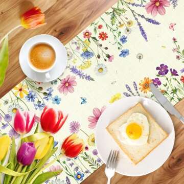 Tulip Lavender Spring Table Runner, Summer Seasonal Holiday Anniversary Kitchen Table Decorations, Indoor Outdoor Home Party Decor (Colorful Flowers 1, 13×72 Inches)