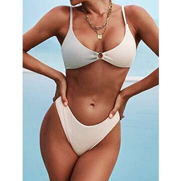 ZAFUL Women's Ribbed O-Ring String Bikini Swimsuit Cheeky Thong Swimwear Two Pieces Bathing Suit