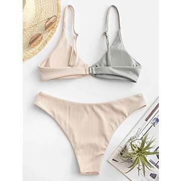 ZAFUL Women's Ribbed O-Ring String Bikini Swimsuit Cheeky Thong Swimwear Two Pieces Bathing Suit