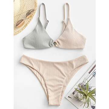 ZAFUL Women's Ribbed O-Ring String Bikini Swimsuit Cheeky Thong Swimwear Two Pieces Bathing Suit