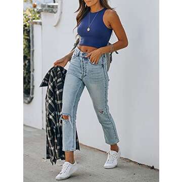 Stylish REORIA High Neck Racerback Tank Top in Deep Blue