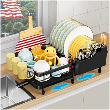 YKLSLH Expandable Dish Drying Rack for Kitchen Counter, Space Saving and Durable with Drainboard, Gl...