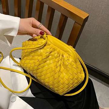 NAARIIAN Trendy Dumpling Ruched Clutch Cloud Shape Dupe Chunky Chain Shoulder Bag PU Leather Woven Handbag(Yellow S)