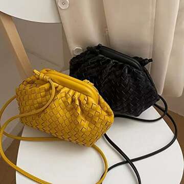 NAARIIAN Trendy Dumpling Ruched Clutch Cloud Shape Dupe Chunky Chain Shoulder Bag PU Leather Woven Handbag(Yellow S)