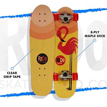 ReDo Skateboard Co. ReDo Skateboard Kids 8" Zodiac Premium Flamingo Cruiser Complete Skateboard, Orange/Yellow
