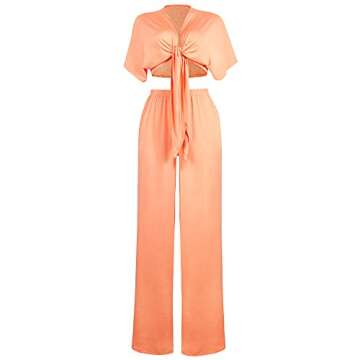 Aro Lora Women's 2 Piece Outfit Jumpsuit Short Sleeve V Neck Tie up Crop Top Wide Leg Pant Set Romper Medium Orange