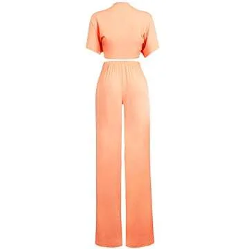 Aro Lora Women's 2 Piece Outfit Jumpsuit Short Sleeve V Neck Tie up Crop Top Wide Leg Pant Set Romper Medium Orange