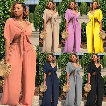 Aro Lora Women's 2 Piece Outfit Jumpsuit Short Sleeve V Neck Tie up Crop Top Wide Leg Pant Set Romper Medium Orange
