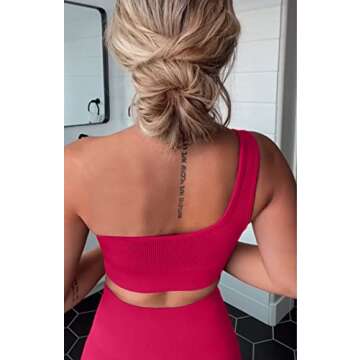 QINSEN Tummy Control 2 Piece Workout Sets for Women Seamless Ribbed Athletic One Shoulder Sport Bra with Leggings Active Sets Rosy S