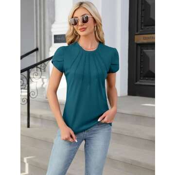 Blooming Jelly Womens Dressy Casual Blouses Business Short Sleeve T Shirts Crewneck Work Tops Pleated Waffle Kint Summer Tee Dark Cyan