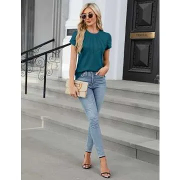 Blooming Jelly Womens Dressy Casual Blouses Business Short Sleeve T Shirts Crewneck Work Tops Pleated Waffle Kint Summer Tee Dark Cyan