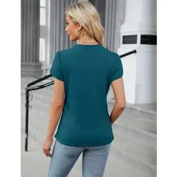 Blooming Jelly Womens Dressy Casual Blouses Business Short Sleeve T Shirts Crewneck Work Tops Pleated Waffle Kint Summer Tee Dark Cyan