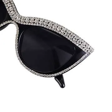 FUPRECIOUS Cat Eye Sunglasses Bling Rhinestones Crystal Black Plastic Frame Eyewear