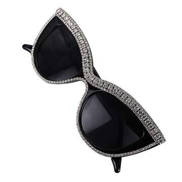 FUPRECIOUS Cat Eye Sunglasses Bling Rhinestones Crystal Black Plastic Frame Eyewear