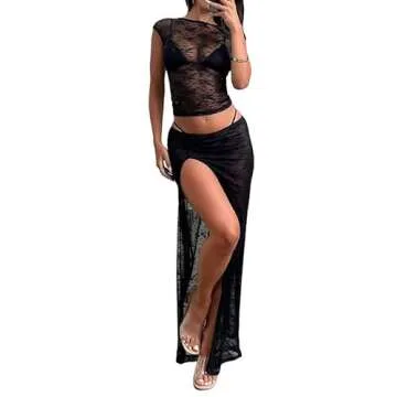 Women's Sexy Two Piece Long Skirt Set Halter Crop Tube Top and Split Maxi Skirt Summer Outfits Y2k Clubwear(A3- Black,S)