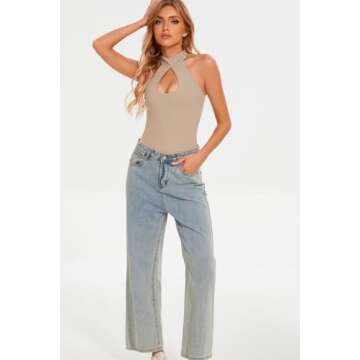 CHYRII Womens Sexy Halter Bodysuit Tops Sexy Cutout Sleeveless Going Out Tops Khaki M