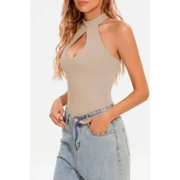 CHYRII Womens Sexy Halter Bodysuit Tops Sexy Cutout Sleeveless Going Out Tops Khaki M