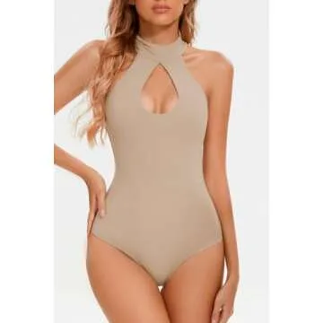 CHYRII Womens Sexy Halter Bodysuit Tops Sexy Cutout Sleeveless Going Out Tops Khaki M