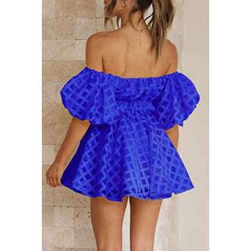 PRETTYGARDEN Women's Off The Shoulder Babydoll Dress Short Puff Sleeve Casual A Line Ruffle Summer Dresses (Plaid Royal Blue,Large)