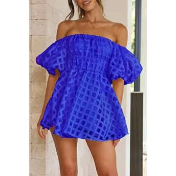 PRETTYGARDEN Women's Off The Shoulder Babydoll Dress Short Puff Sleeve Casual A Line Ruffle Summer Dresses (Plaid Royal Blue,Large)