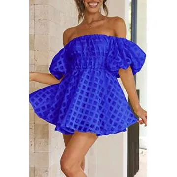 PRETTYGARDEN Women's Off The Shoulder Babydoll Dress Short Puff Sleeve Casual A Line Ruffle Summer Dresses (Plaid Royal Blue,Large)