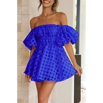 PRETTYGARDEN Women's Off The Shoulder Babydoll Dress Short Puff Sleeve Casual A Line Ruffle Summer Dresses (Plaid Royal Blue,Large)