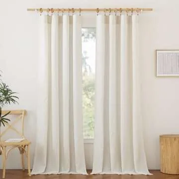 NICETOWN Flax Sheer Linen Curtains for Living Room 95 inch Long 2 Panels, Rod Pocket & Back Tab Semi Sheer Drapes Privacy Added with Light Filtering for Bedroom/Living Room, Natural, W55 x L95