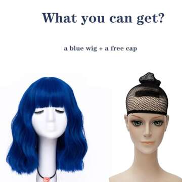 LABEAUTÉ Blue Wig Short Bob Wavy Wig with Air Bangs for Women, Heat Resistance Shoulder Length Curled Wigs for Daily Use, Cosplay and Theme Parties- 14inch, Royal Blue
