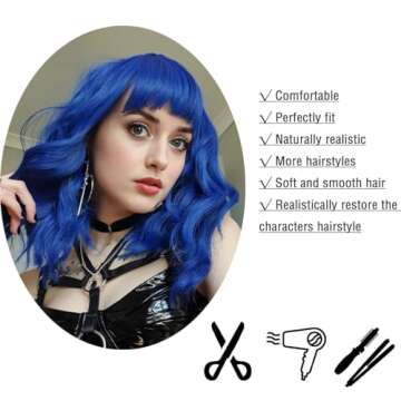 LABEAUTÉ Blue Wig Short Bob Wavy Wig with Air Bangs for Women, Heat Resistance Shoulder Length Curled Wigs for Daily Use, Cosplay and Theme Parties- 14inch, Royal Blue