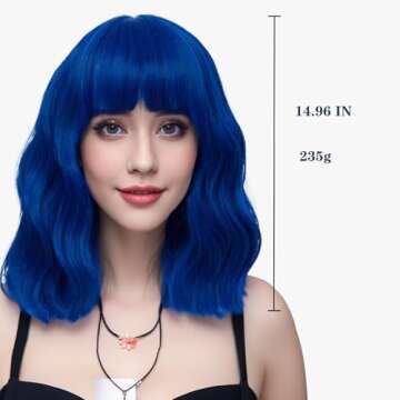 LABEAUTÉ Blue Wig Short Bob Wavy Wig with Air Bangs for Women, Heat Resistance Shoulder Length Curled Wigs for Daily Use, Cosplay and Theme Parties- 14inch, Royal Blue