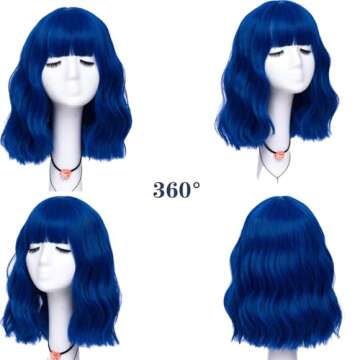 LABEAUTÉ Blue Wig Short Bob Wavy Wig with Air Bangs for Women, Heat Resistance Shoulder Length Curled Wigs for Daily Use, Cosplay and Theme Parties- 14inch, Royal Blue