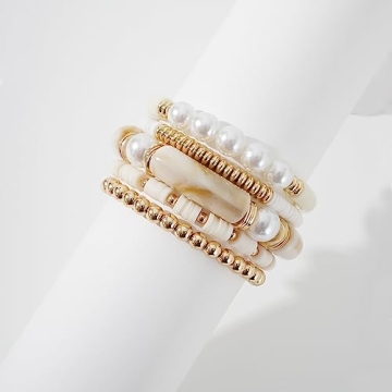 GOOJIDS Bamboo Tube Bangles Bracelet Chunky Curved Stacking Clear Acrylic Colorful Beads Stretchable Friendship Gold Bracelets Gift For Women (A-A2 White set)