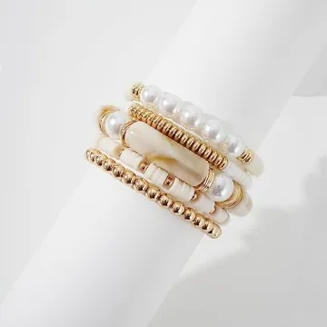 GOOJIDS Bamboo Tube Bangles Bracelet Chunky Curved Stacking Clear Acrylic Colorful Beads Stretchable Friendship Gold Bracelets Gift For Women (A-A2 White set)