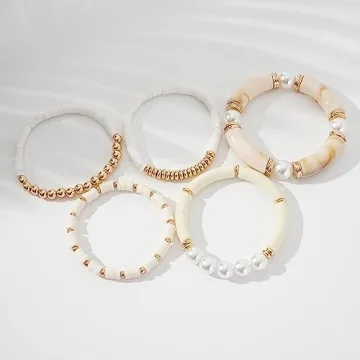 GOOJIDS Bamboo Tube Bangles Bracelet Chunky Curved Stacking Clear Acrylic Colorful Beads Stretchable Friendship Gold Bracelets Gift For Women (A-A2 White set)