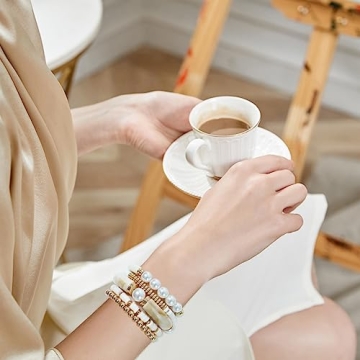 GOOJIDS Bamboo Tube Bangles Bracelet Chunky Curved Stacking Clear Acrylic Colorful Beads Stretchable Friendship Gold Bracelets Gift For Women (A-A2 White set)