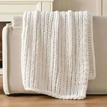 Esterra Chunky Knit Blanket Throw 50"x60", 100% Hand Knitted Chenille Throw Blanket, Cozy Soft Thick Cable Knit Throw Large Rope Knot Crochet Throw Blanket for Sofa Couch Bed, Snow White