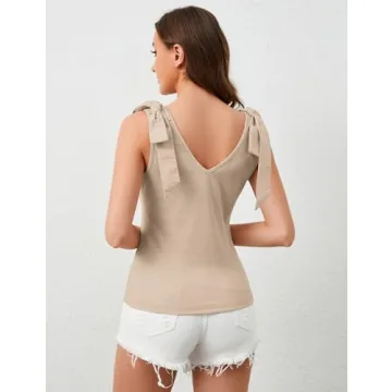 Ymejia Women's Bow Tie Shoulder Strap Knit Tank Tops V Neck Slim Fit Casual Tie Strap Sleeveless Knit Tops Camisoles Khaki