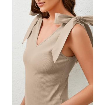 Ymejia Women's Bow Tie Shoulder Strap Knit Tank Tops V Neck Slim Fit Casual Tie Strap Sleeveless Knit Tops Camisoles Khaki